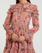 Pink Long Sleeve Lace Up Front Tiered Ruffle Dress